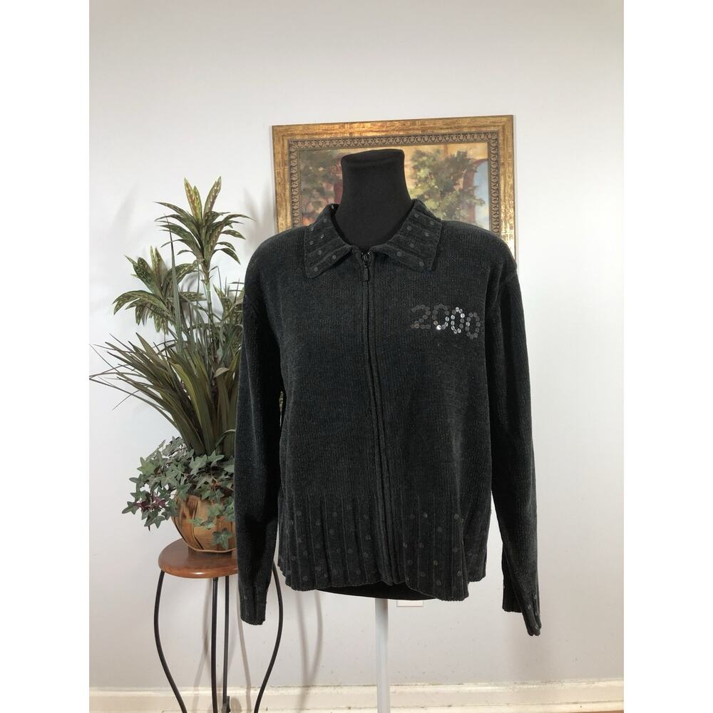 Richard Sport Women LG Cardigan Sweater Long Sleeve Full Zip Gray Knit Y2K Boho